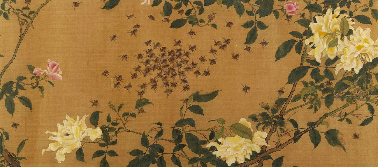 Chinese scroll depicting yellow roses and bees