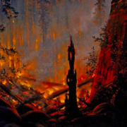 Oil painting of a forest fire