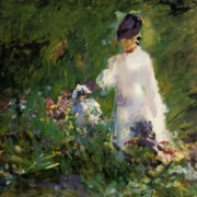 Impressionist painting of a woman in white in a flower garden