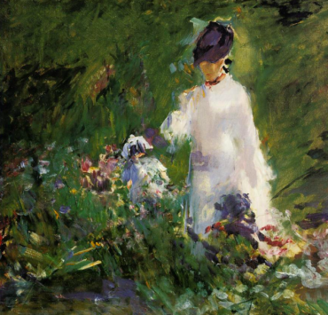 Impressionist painting of a woman in white in a flower garden