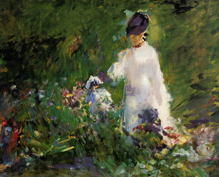 Impressionist painting of a woman in white in a flower garden