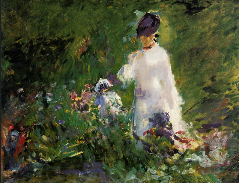 Impressionist painting of a woman in white in a flower garden