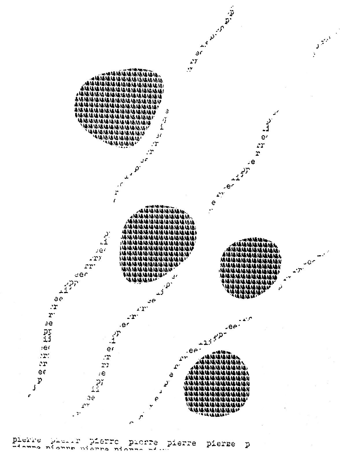 The word pierre and 鳩 repeated and form the shape of four stones in a flowing river