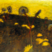 Painting of a field of dandelions in dark grass, the sky is yellow