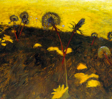 Painting of a field of dandelions in dark grass, the sky is yellow