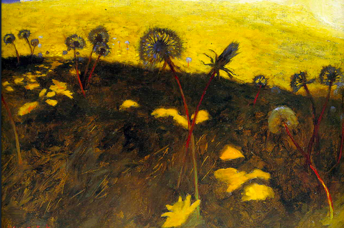 Painting of a field of dandelions in dark grass, the sky is yellow