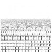 The character 土 repeated to form the impression of hundreds of grave markers stretching out to the horizon. The character 基 can be seen in the far right distance