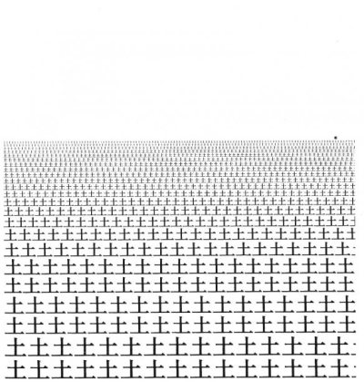 The character 土 repeated to form the impression of hundreds of grave markers stretching out to the horizon. The character 基 can be seen in the far right distance