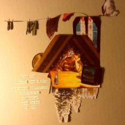 Collage of a small tent, there is the reflection of pine trees and clothes on a line