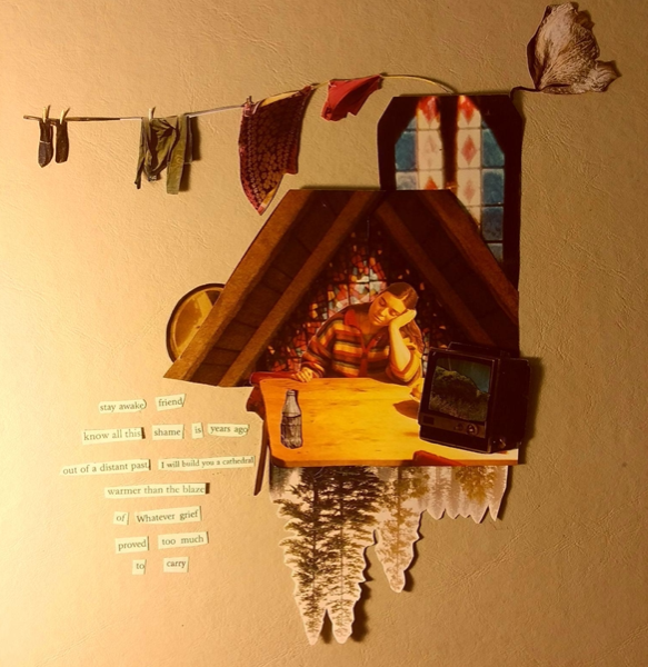 Collage of a small tent, there is the reflection of pine trees and clothes on a line