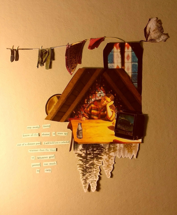 Collage of a small tent, there is the reflection of pine trees and clothes on a line