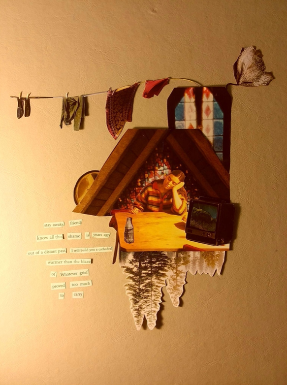 Collage of a small tent, there is the reflection of pine trees and clothes on a line