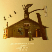 Collage of a house, three geese flying from the left, and a couple dancing in front