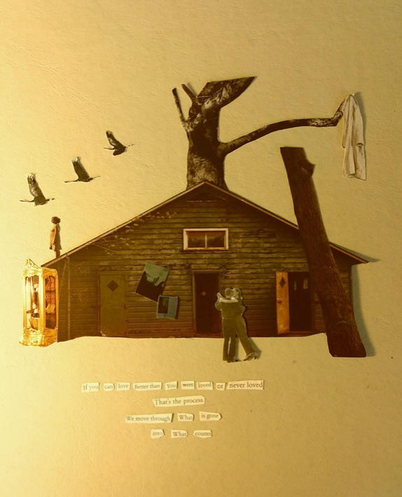 Collage of a house, three geese flying from the left, and a couple dancing in front