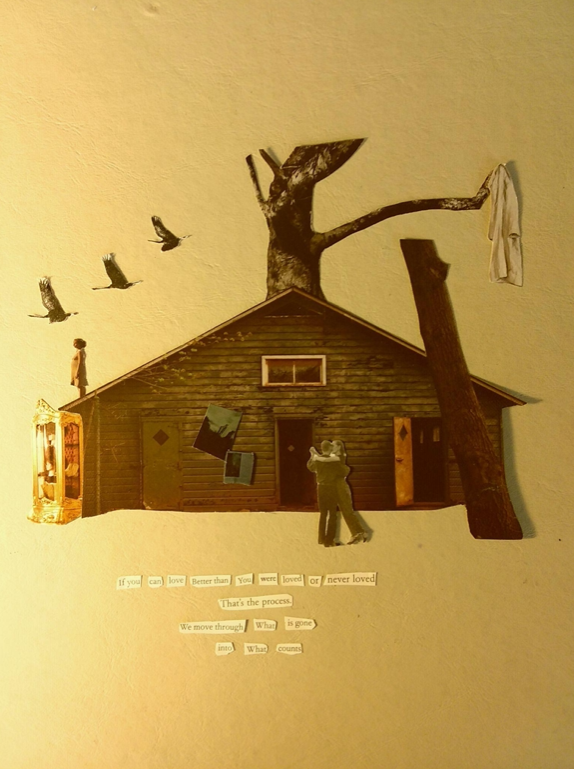 Collage of a house, three geese flying from the left, and a couple dancing in front