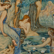 Painting of several women, two bathing in a lily pond and one sitting on the bank
