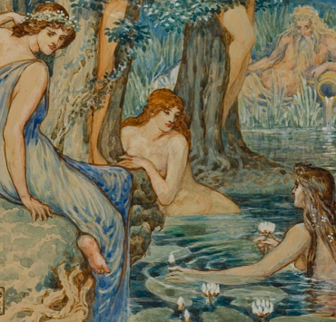 Painting of several women, two bathing in a lily pond and one sitting on the bank