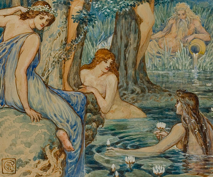 Painting of several women, two bathing in a lily pond and one sitting on the bank