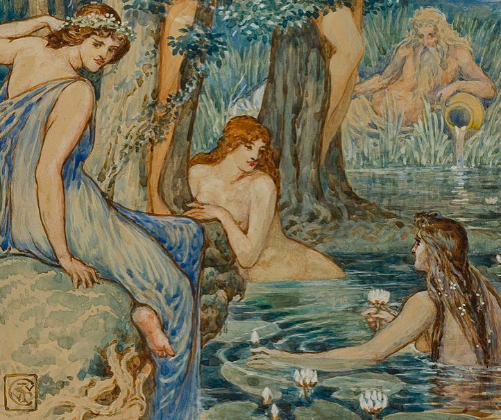 Painting of several women, two bathing in a lily pond and one sitting on the bank