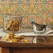 Still life painting on a wooden table, a clear jar holding cookies sits next to a silver cream jug