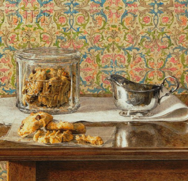 Still life painting on a wooden table, a clear jar holding cookies sits next to a silver cream jug
