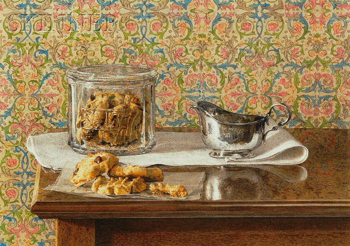 Still life painting on a wooden table, a clear jar holding cookies sits next to a silver cream jug