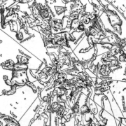 Black and white illustration of a celestial chart