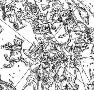 Black and white illustration of a celestial chart