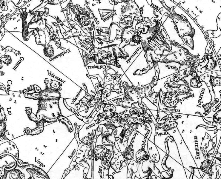 Black and white illustration of a celestial chart