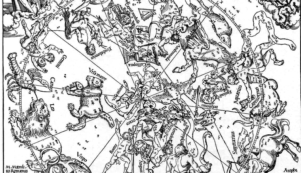 Black and white illustration of a celestial chart