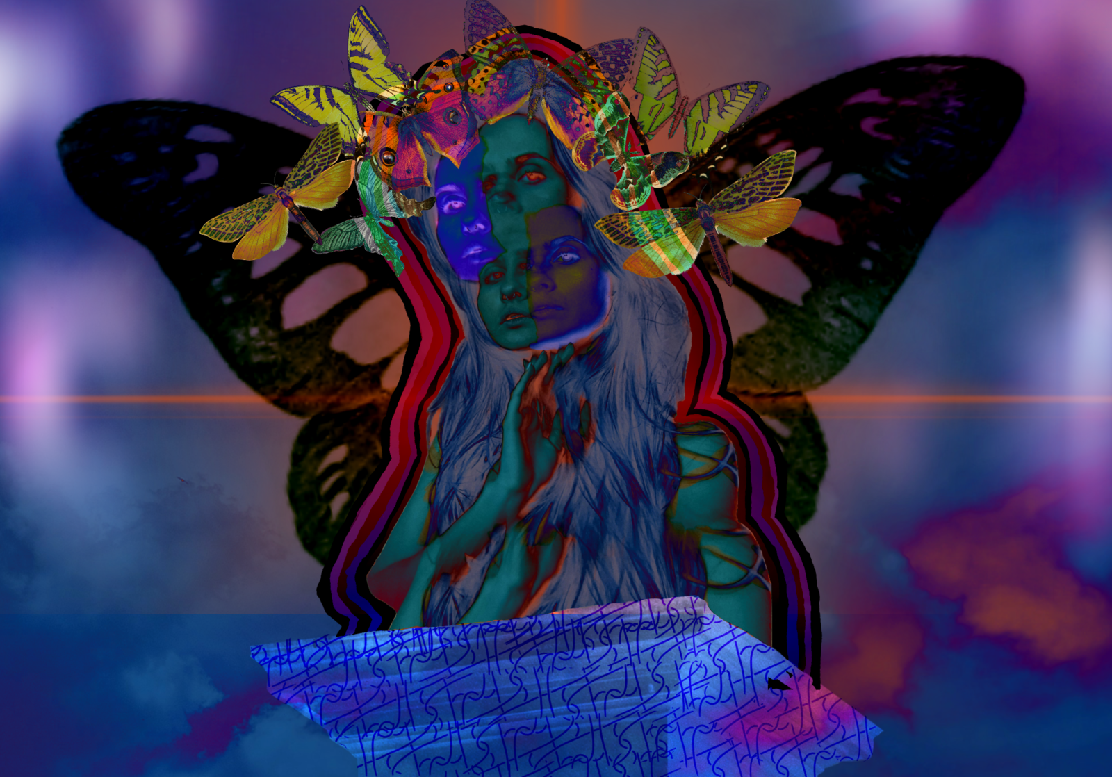 Digital painting of a woman with butterfly wings and a crown of butterflies