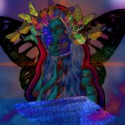 Digital painting of a woman with butterfly wings and a crown of butterflies