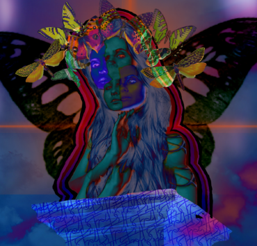 Digital painting of a woman with butterfly wings and a crown of butterflies