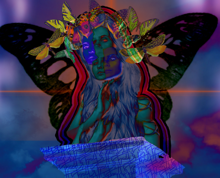 Digital painting of a woman with butterfly wings and a crown of butterflies