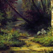 oil painting of a forest, two blue herons stand beneath a tree