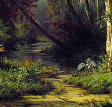 oil painting of a forest, two blue herons stand beneath a tree