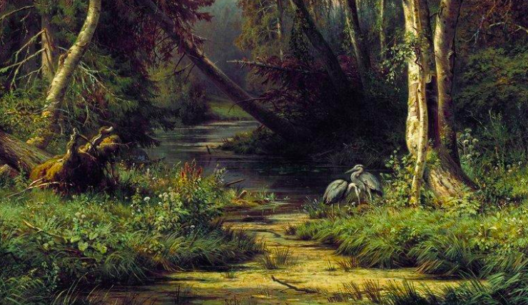 oil painting of a forest, two blue herons stand beneath a tree