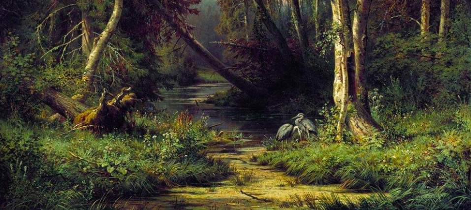 oil painting of a forest, two blue herons stand beneath a tree