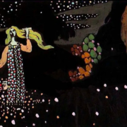 Painting of a woman and child in a field beneath a starry sky