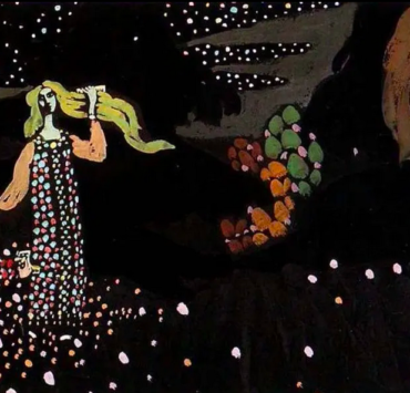 Painting of a woman and child in a field beneath a starry sky