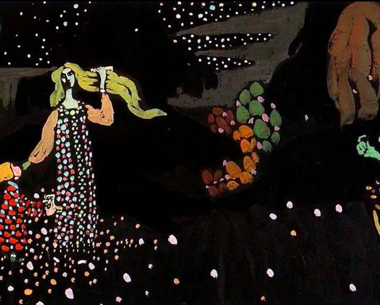 Painting of a woman and child in a field beneath a starry sky