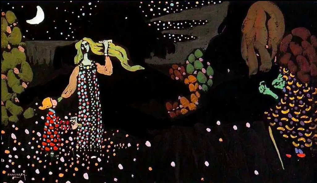 Painting of a woman and child in a field beneath a starry sky