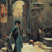 painting of an italian village scene in snow, a woman leads a dog as a butcher feeds it meat