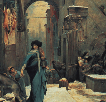 painting of an italian village scene in snow, a woman leads a dog as a butcher feeds it meat
