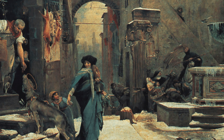 painting of an italian village scene in snow, a woman leads a dog as a butcher feeds it meat