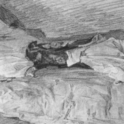 Pencil sketch of a bed with rumpled sheets