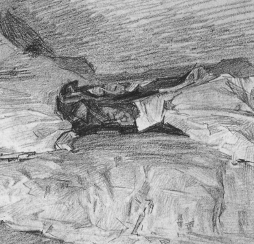 Pencil sketch of a bed with rumpled sheets