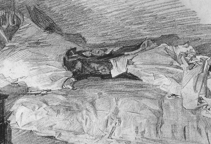 Pencil sketch of a bed with rumpled sheets