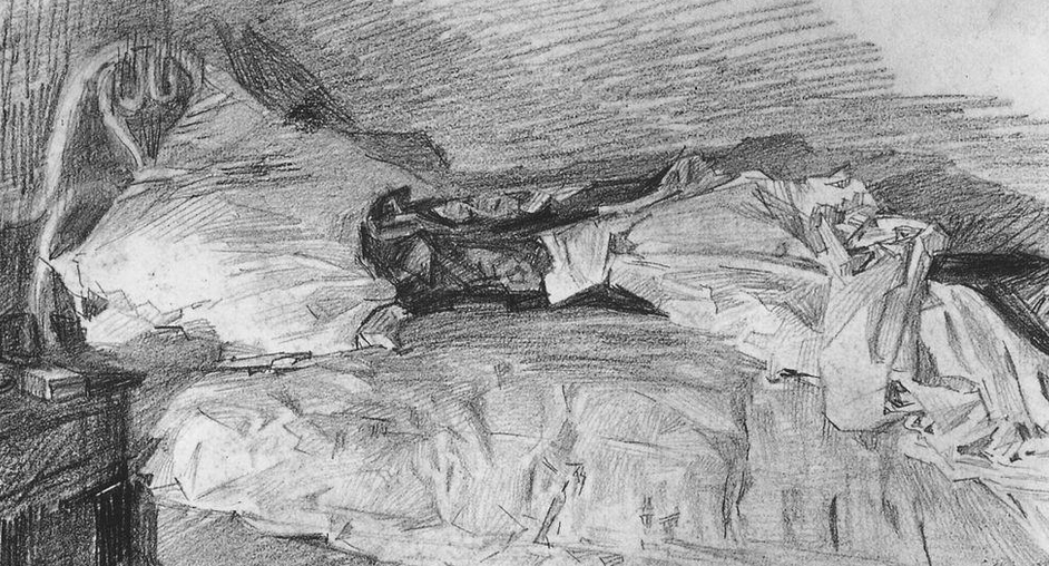 Pencil sketch of a bed with rumpled sheets