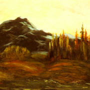 Painting in brown tones of a prairie with mountains in the distance